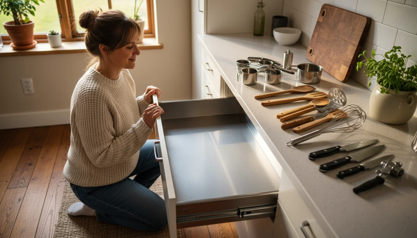 A woman in a cozy kitchen sorts various kitchen utensils from a pulled-out, empty drawer onto a clean countertop, creating small piles for keeping, di