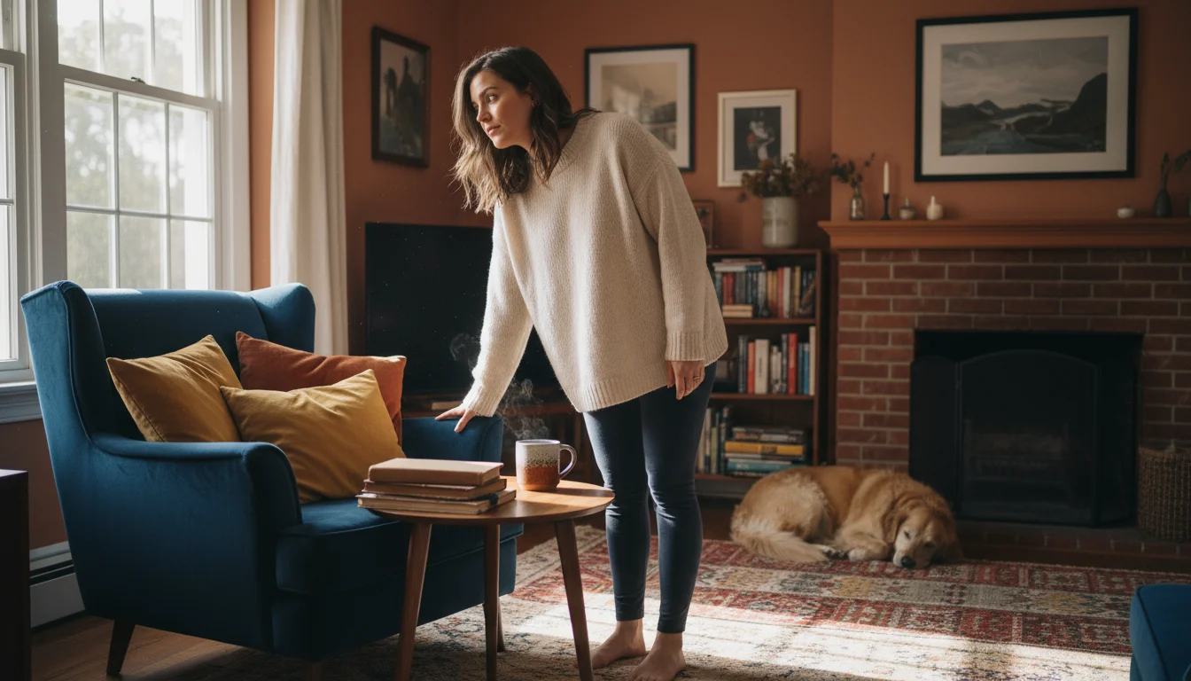 A woman in a cozy living room gently adjusts a round wooden side table next to a plush armchair, thoughtfully observing the arrangement.