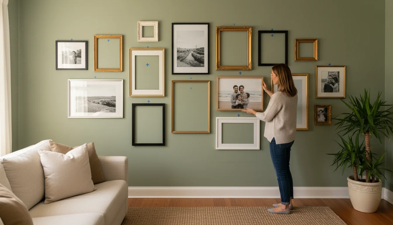 Woman in cozy living room hanging an inexpensive framed family photo on a gallery wall with DIY abstract art and other personal pictures.
