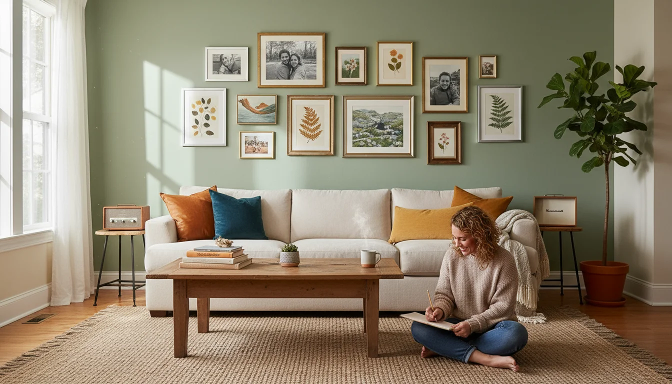A woman in a cozy living room kneels before a gallery wall featuring a mix of framed photos, abstract art, and printables, adjusting a frame.
