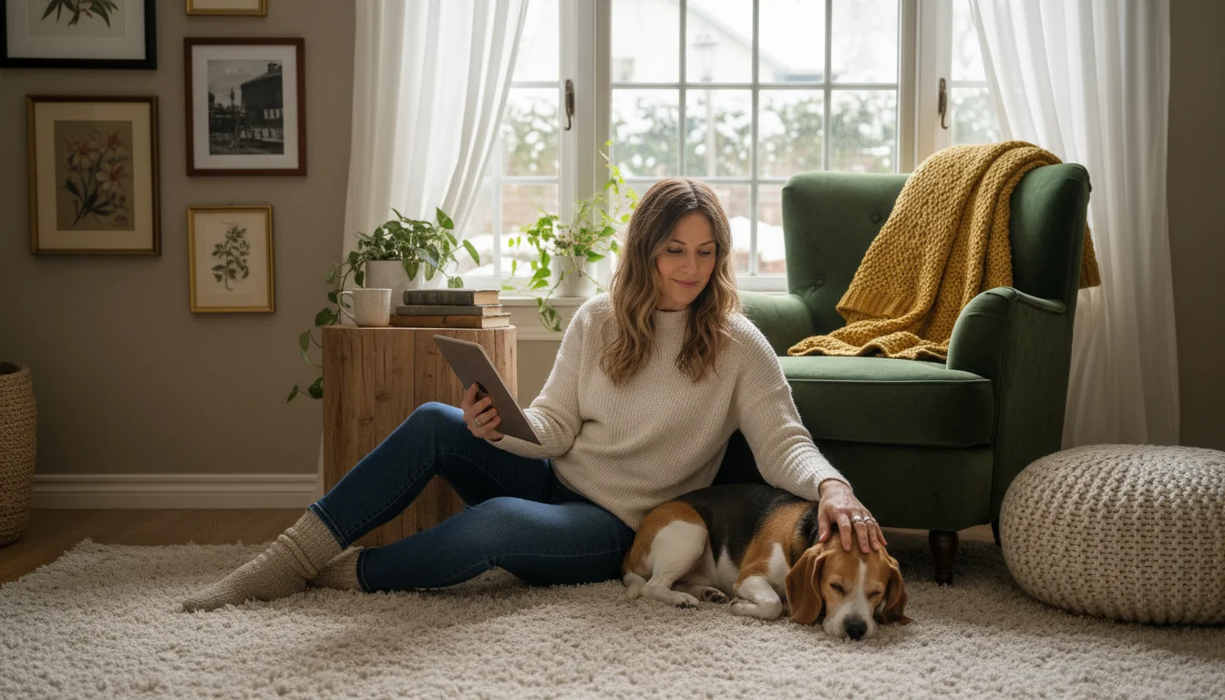 Woman in a cozy living room gently pets her dog curled on a rug, while casually looking at content on her smartphone, bathed in soft sunlight.