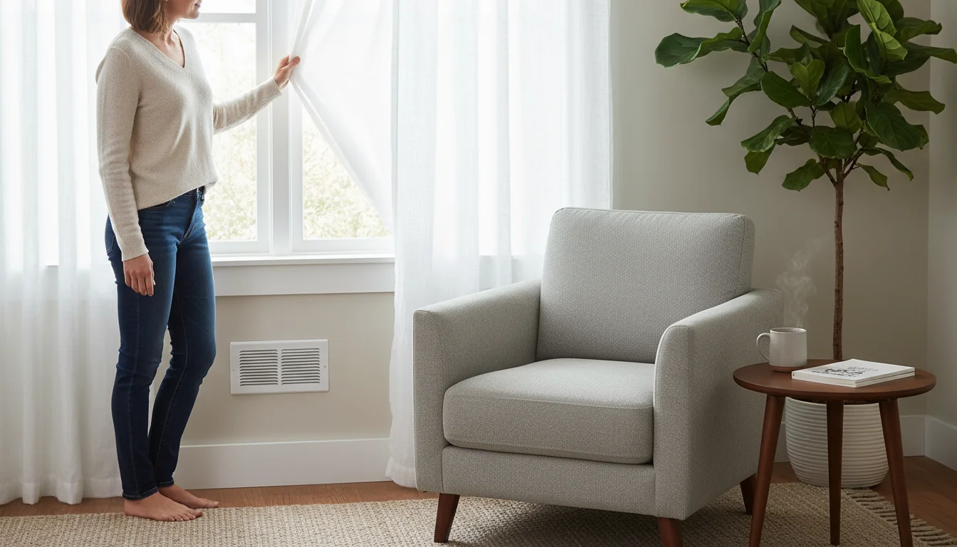 A woman in a cozy living room gently pulls a sheer curtain away from a white wall vent located under a window.