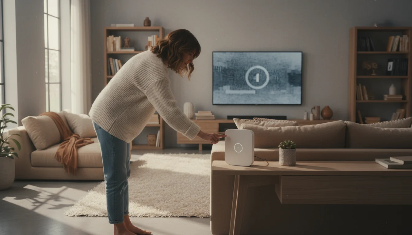 Woman in a cozy living room reaching for a Wi-Fi router on a minimalist table, with a smart thermostat showing a connectivity error on the wall.