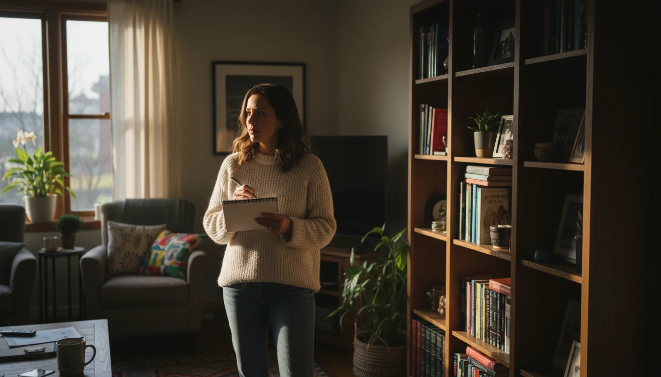 Woman in a cozy living room thoughtfully assesses light, holding a notebook, looking at a dim bookshelf area.