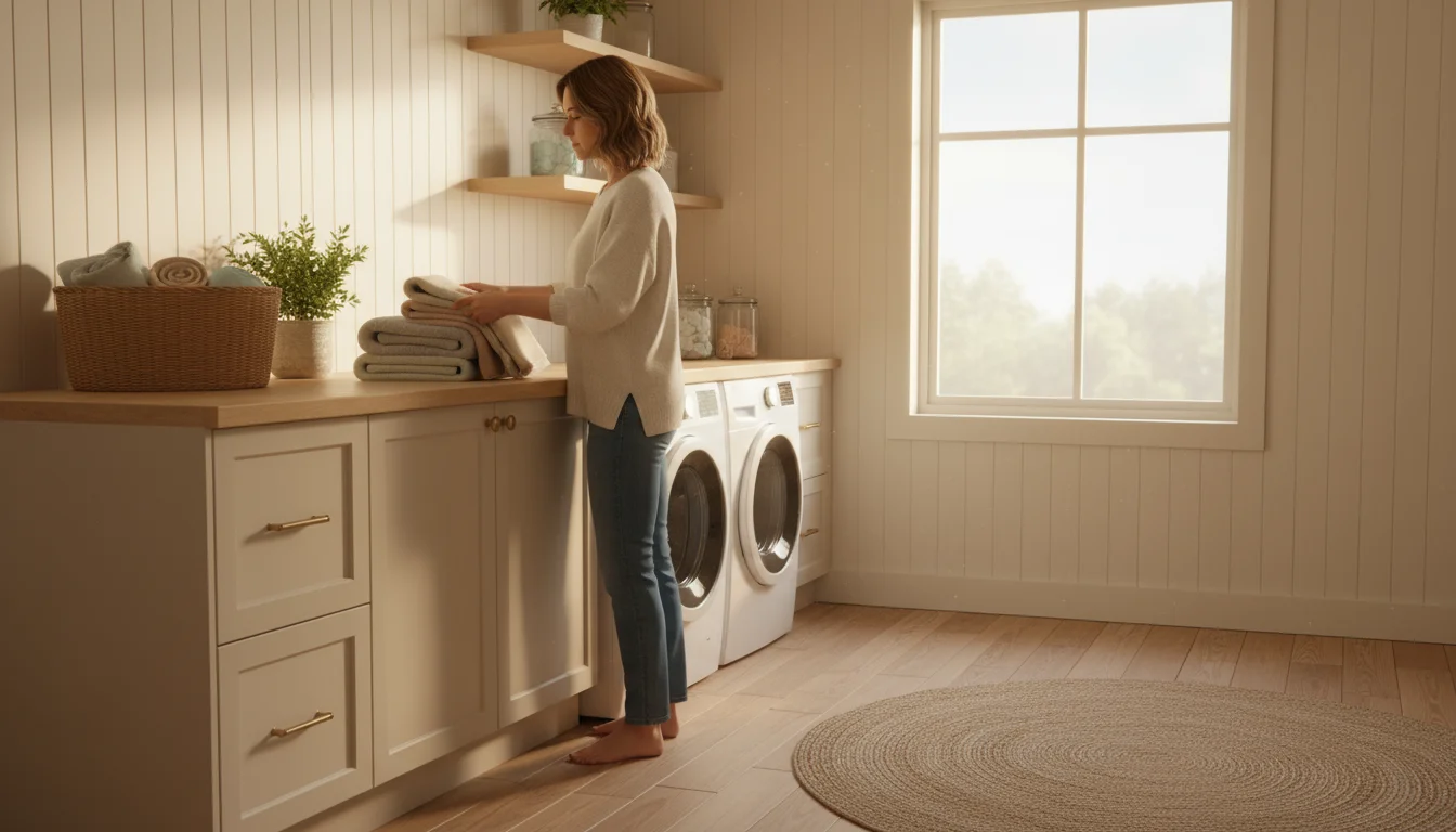 Woman in a cozy, organized laundry room folding clean towels, with a sleek, white energy-efficient washing machine visible behind her.
