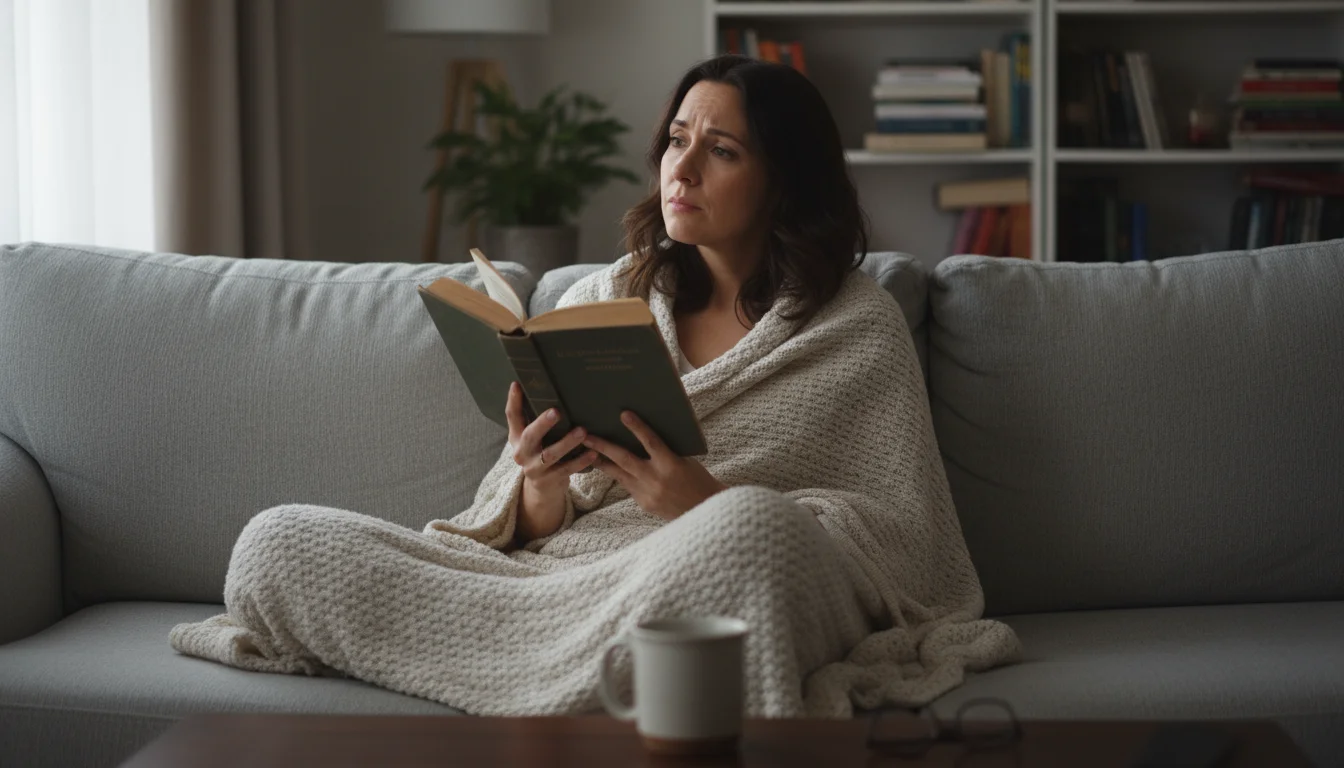 Woman on cozy sofa, looking slightly distracted upwards, holding an open book, a subtle hint of annoyance on her face, in a clean, sunlit living room.