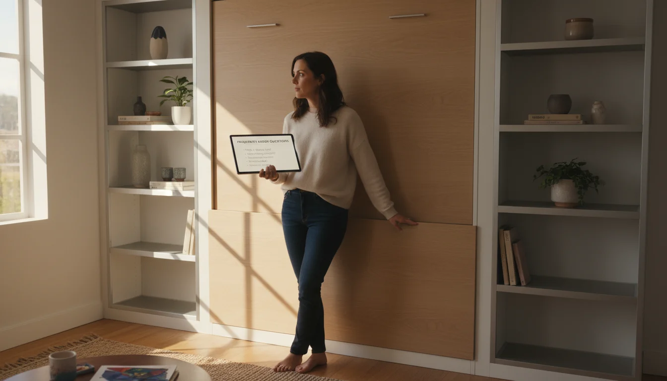 Woman in a cozy studio apartment touching a closed Murphy bed cabinet while looking at Murphy bed FAQs on a tablet.