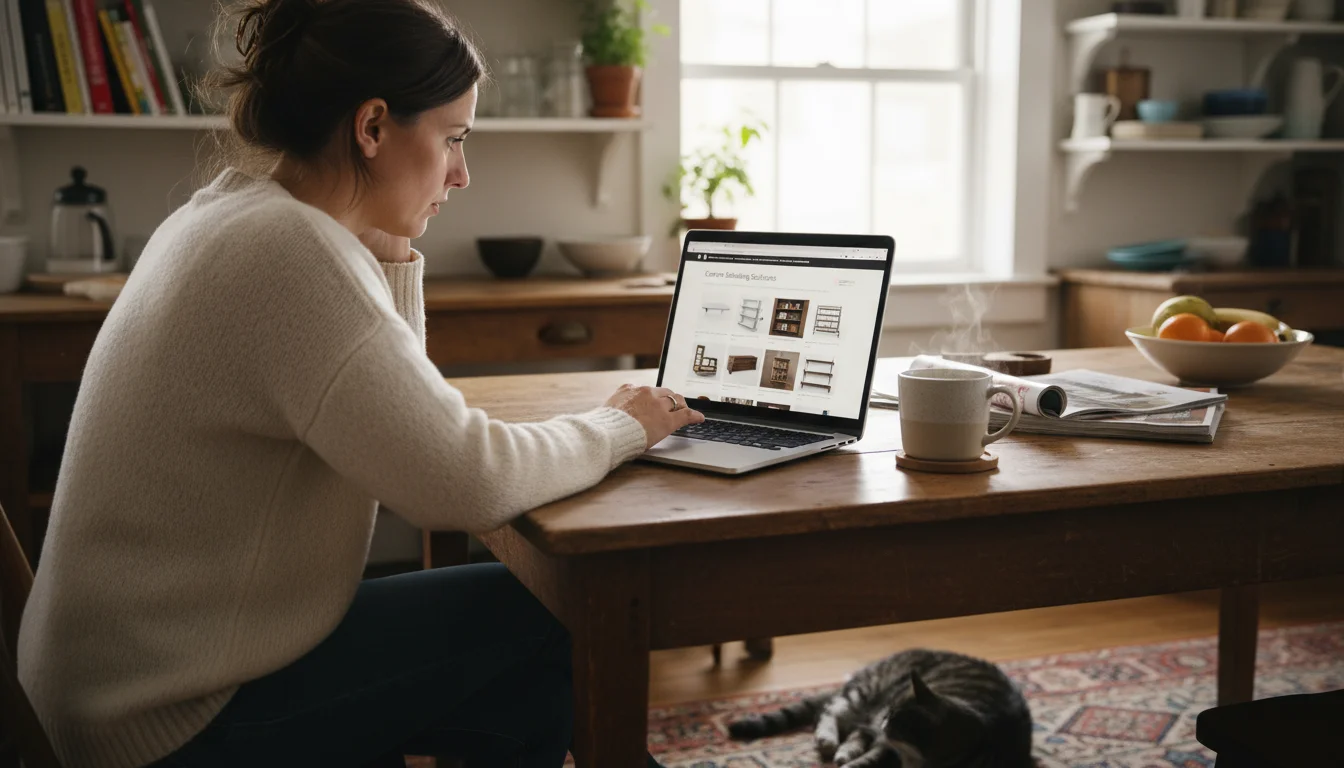 Woman in a cozy sweater at a kitchen table, intently reviewing corner shelving options on a laptop, with a notebook and tea nearby.