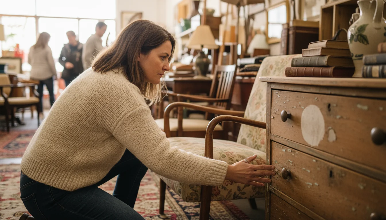 Woman in cozy sweater kneeling, feeling fabric of a vintage armchair in a shop, inspecting upholstery.