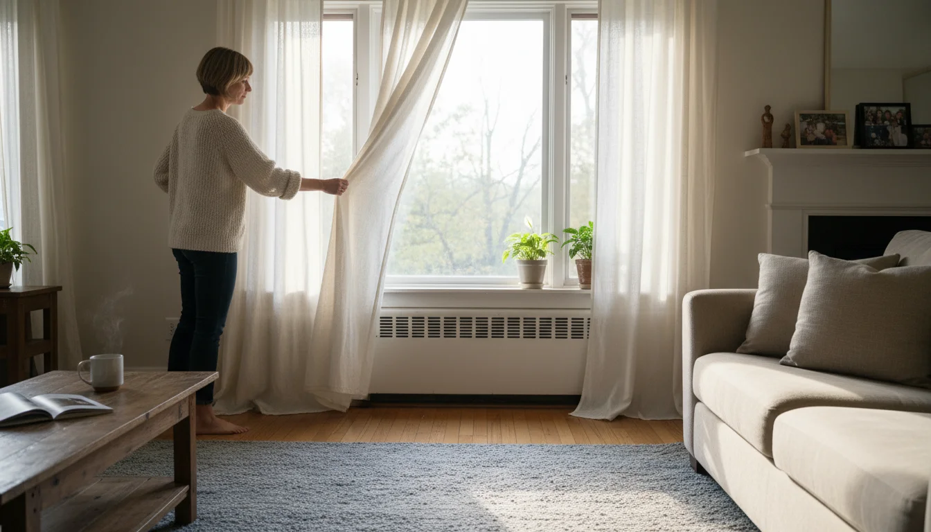 A woman in a cozy sweater gently pulls back a full-length linen drape, revealing a white baseboard radiator in a warm, sunlit living room.