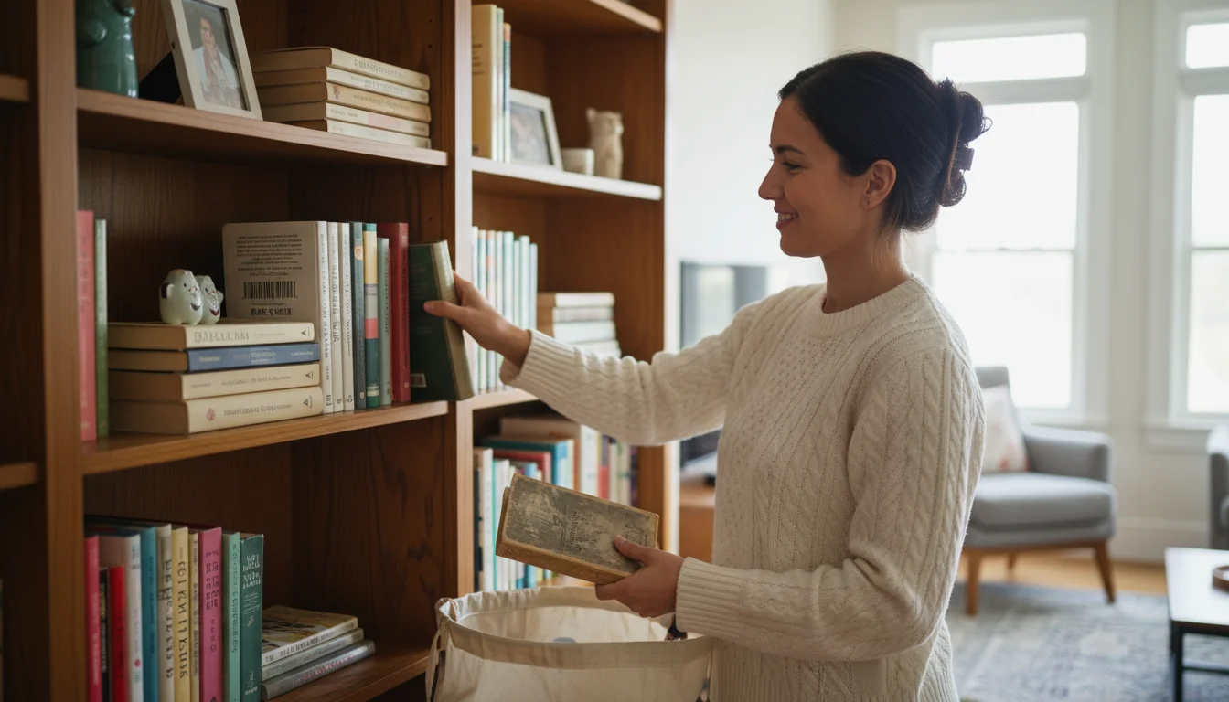 Woman in a cozy sweater putting a new book on a wooden bookshelf, holding an old book for donation in her other hand.
