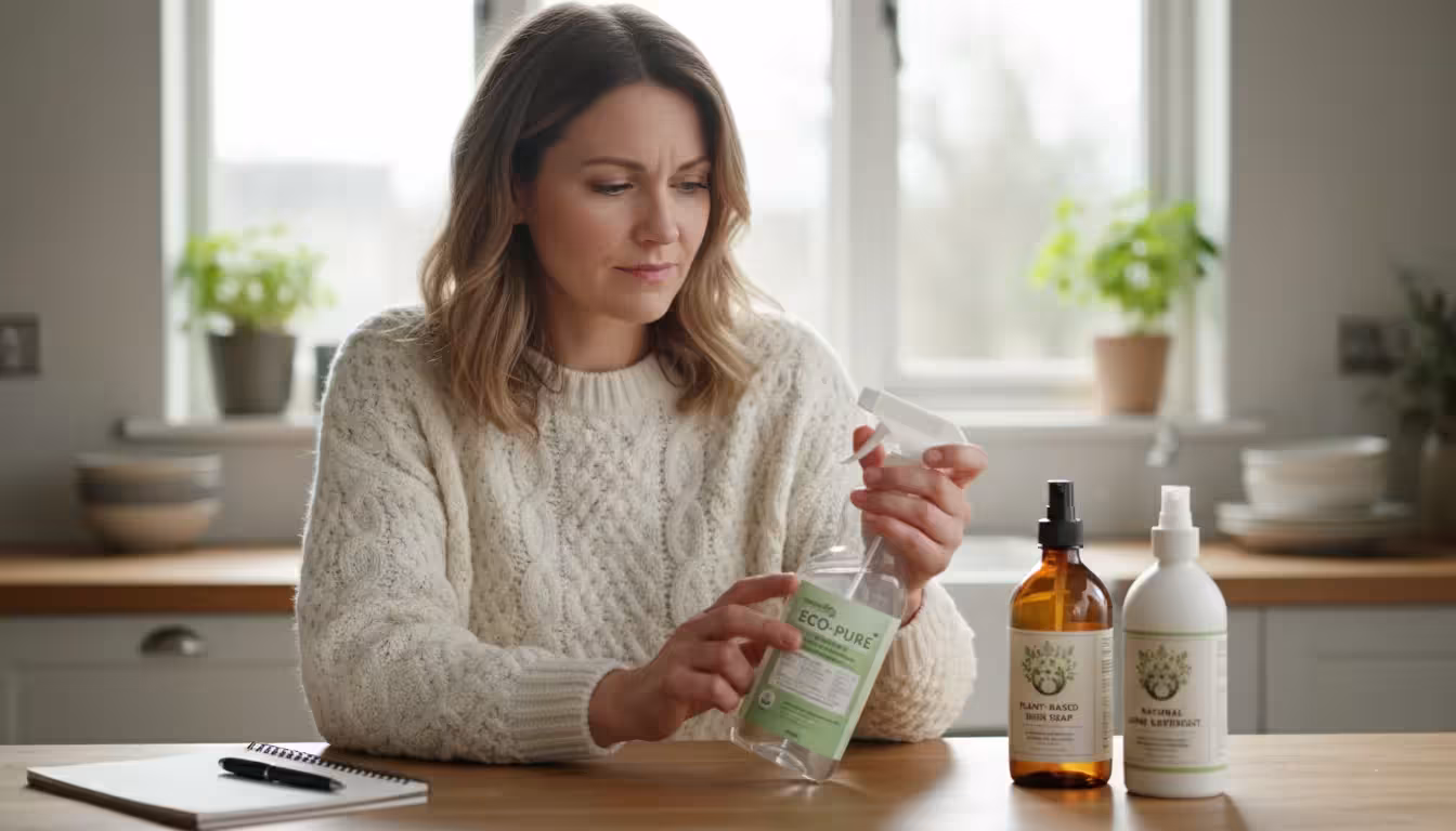 A woman in a cozy sweater carefully reads the ingredient label of a non-toxic cleaning spray bottle at her kitchen counter.