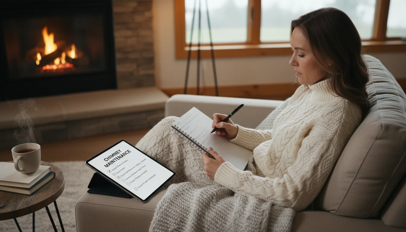 A woman in a cozy sweater sits in an armchair, writing in a notebook next to a tablet showing a chimney maintenance checklist. A clean fireplace with 