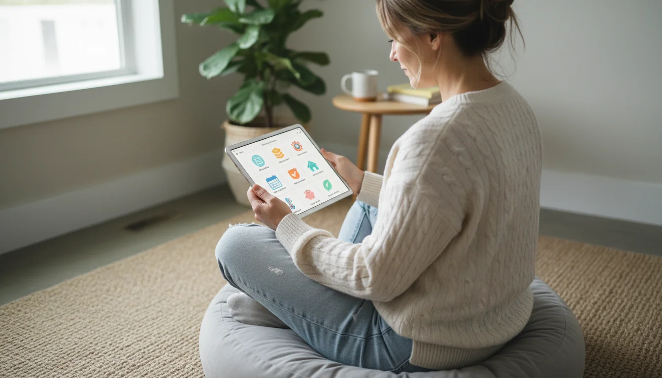 Woman in a cozy sweater sits on a floor cushion, looking at reading nook ideas on a tablet. A mug and measuring tape are nearby.