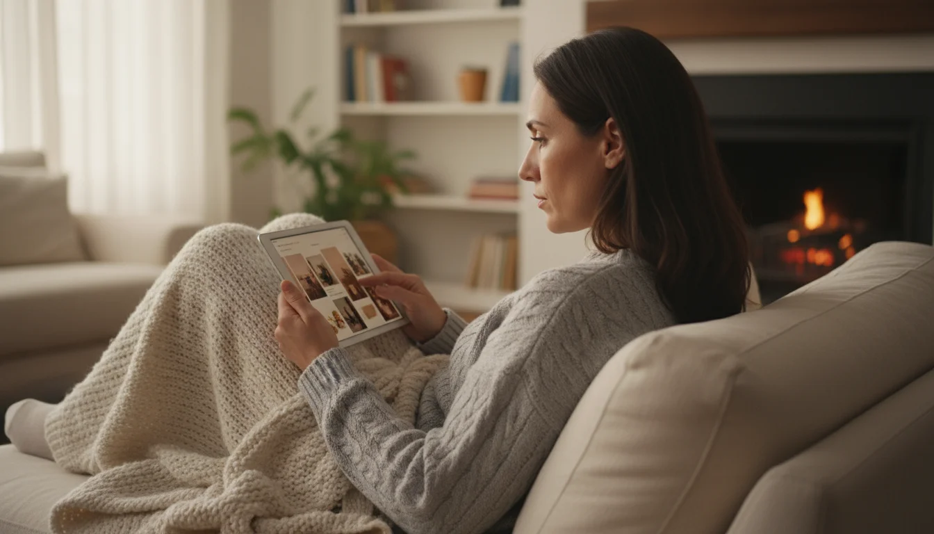 Woman in a cozy sweater on a sofa, scrolling content on a tablet with a warm mug nearby, bathed in soft autumn light.