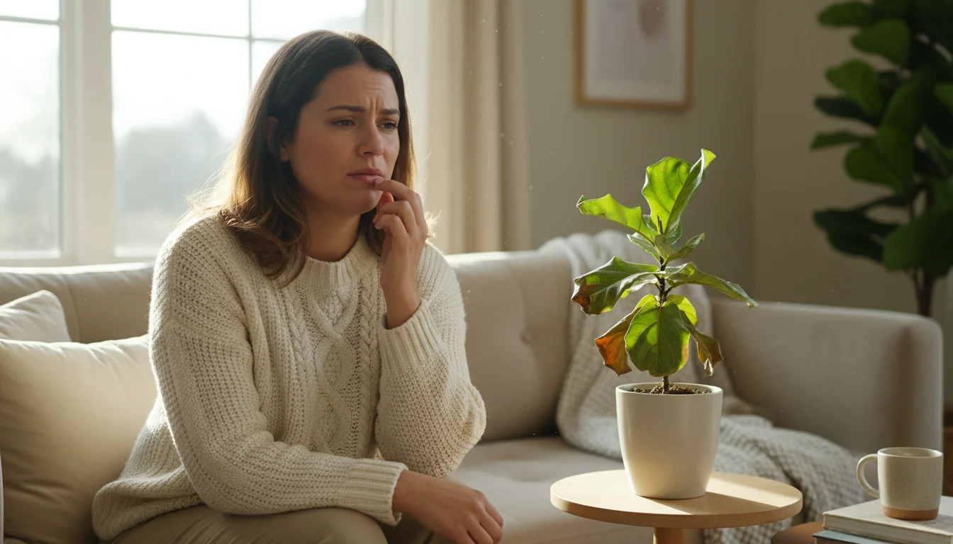 Woman in a cozy sweater on a sofa, gently touching her chapped lips. A small potted plant with dry leaf tips sits on a wooden table next to her.