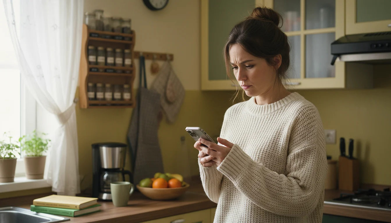 A woman in a cozy sweater stands in a small kitchen, thoughtfully looking at her smartphone. A spice rack and coffeemaker are visible.