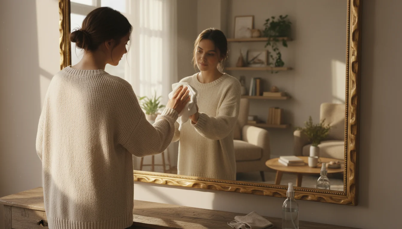 Woman in cozy sweater gently wipes a large wall mirror, reflecting a sunlit living room, highlighting streak-free shine and a peaceful home.