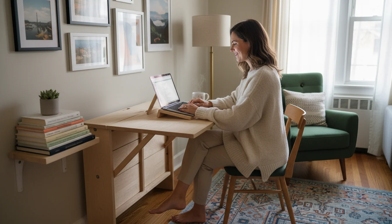 Woman in a cozy sweater works at an open fold-down desk in a bright living room, laptop elevated for ergonomics.