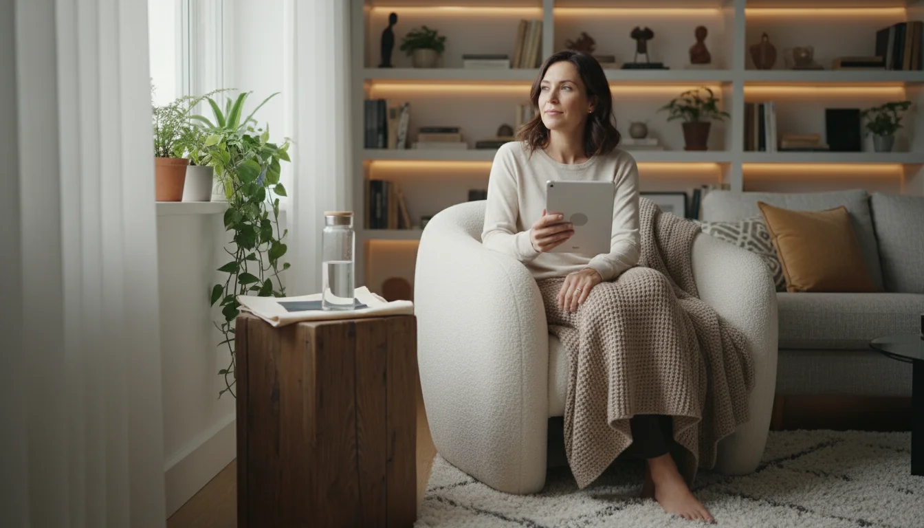 A woman in a cream armchair holds a tablet in a cozy, naturally lit living room corner. A reusable water bottle and canvas tote rest on a side table.