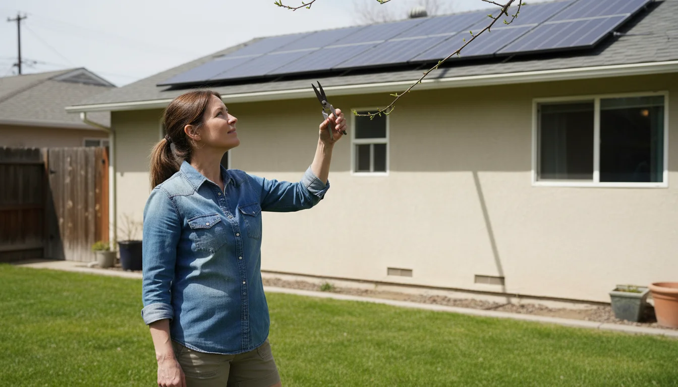 A woman in a denim shirt holds pruning shears, looking up at a small tree branch near solar panels on a single-story home's roof.