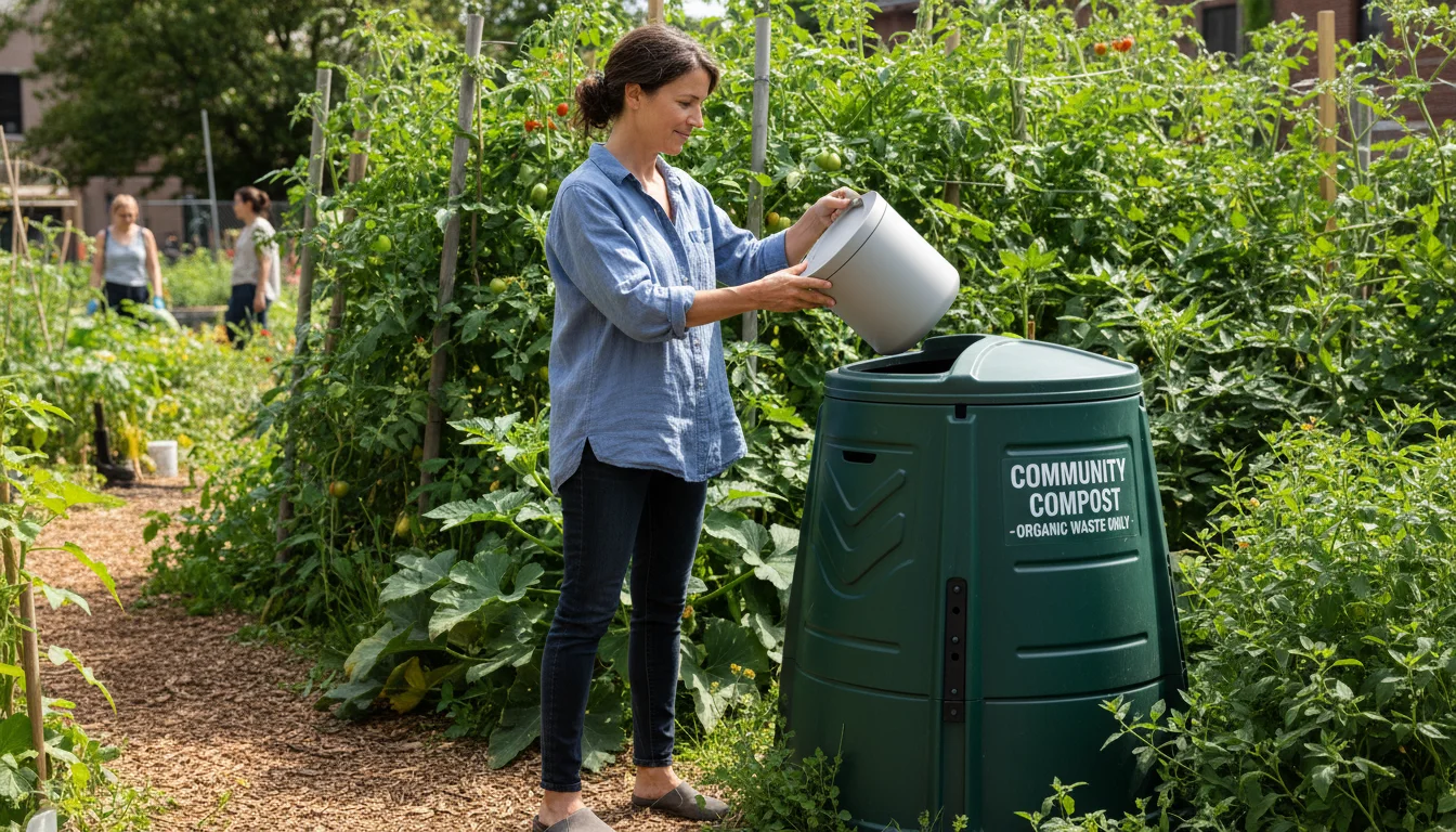 Woman emptying kitchen compost pail into a community drop-off bin in a sunny garden, highlighting easy waste diversion.