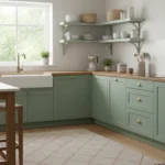 A woman enjoys her cozy kitchen with newly painted, soft green lower cabinets and a clean, decluttered counter.