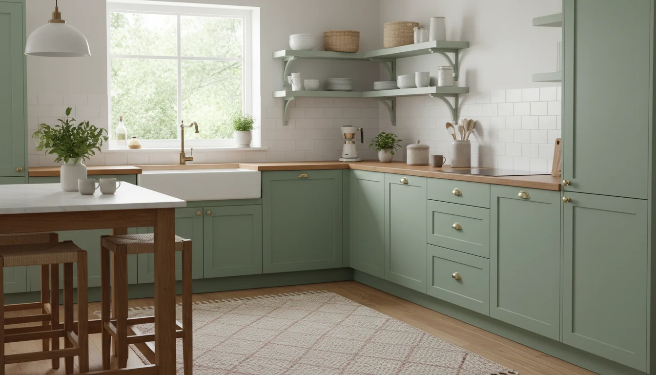 A woman enjoys her cozy kitchen with newly painted, soft green lower cabinets and a clean, decluttered counter.