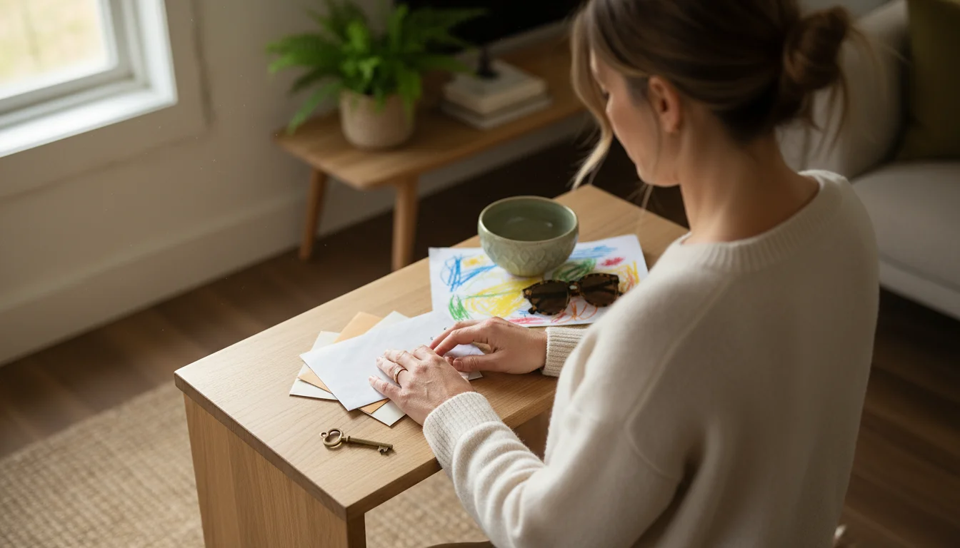 Woman at an entryway table looking at a small pile of mail, keys, and sunglasses, with a thoughtful expression.