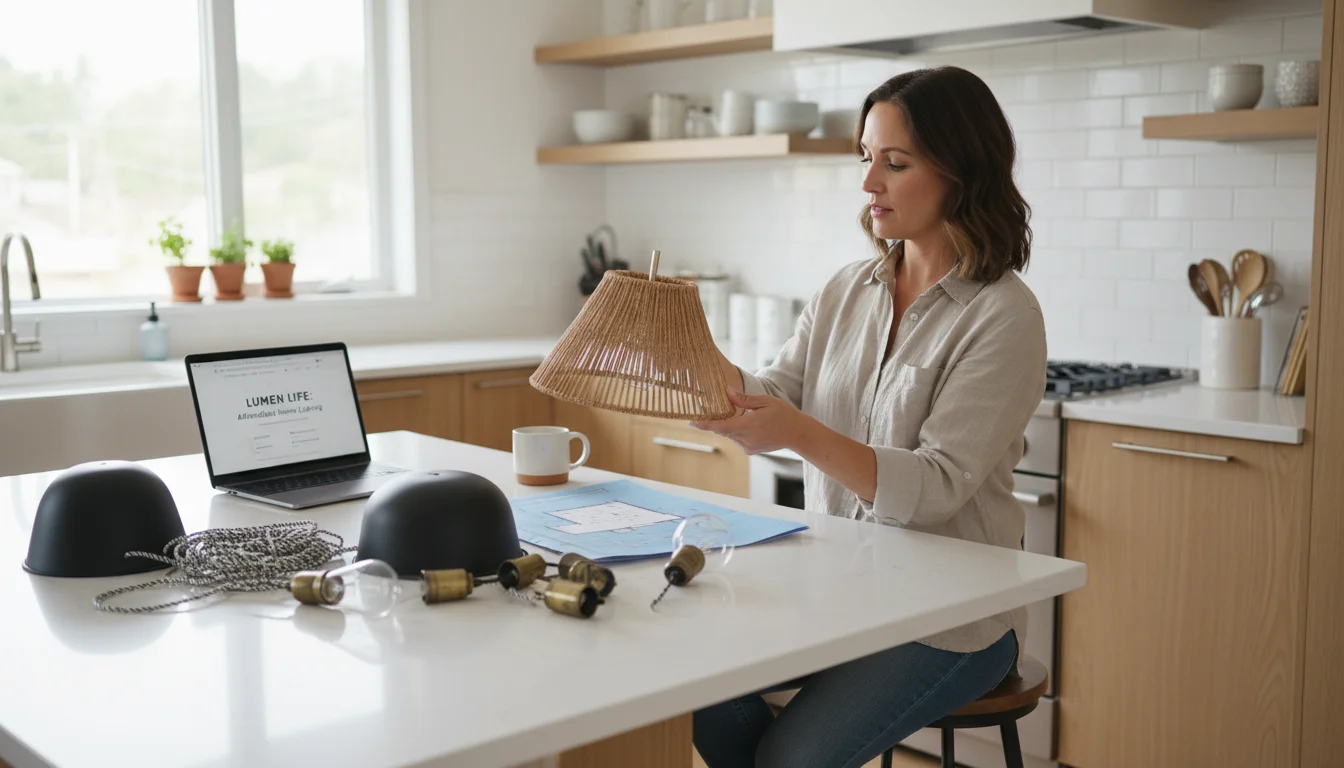 A woman examines budget-friendly light fixture components on a kitchen island, including woven and metal shades, and fabric cord kits.