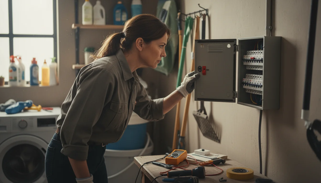 A woman carefully examines an open electrical breaker panel, focusing on a tripped switch in a home utility area.