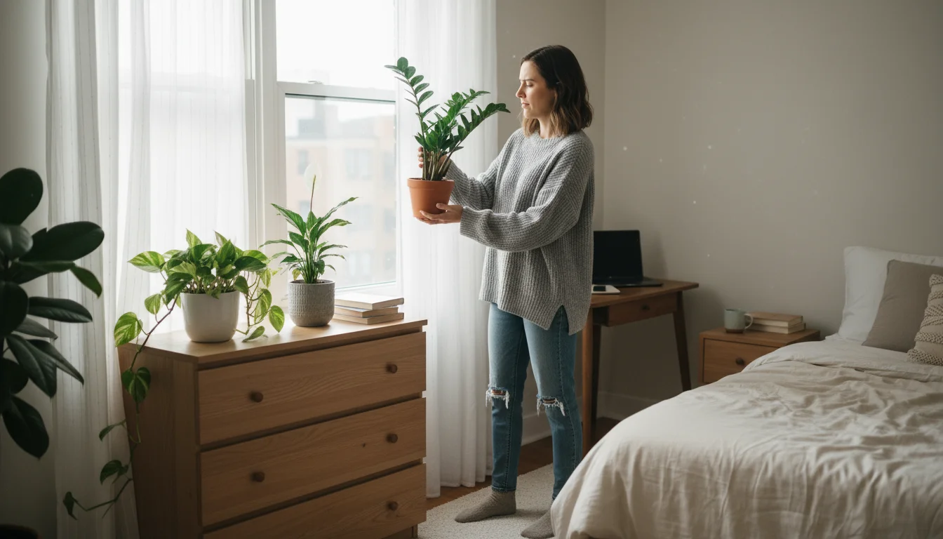 A woman examines a small ZZ plant by a bedroom window, considering its placement with other low-maintenance plants on a dresser.