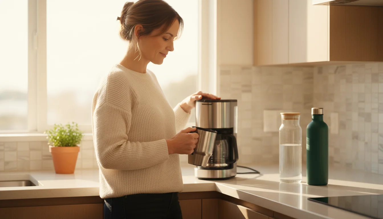 Woman filling a reusable coffee travel mug from a coffee maker on a kitchen counter with reusable water bottles nearby.