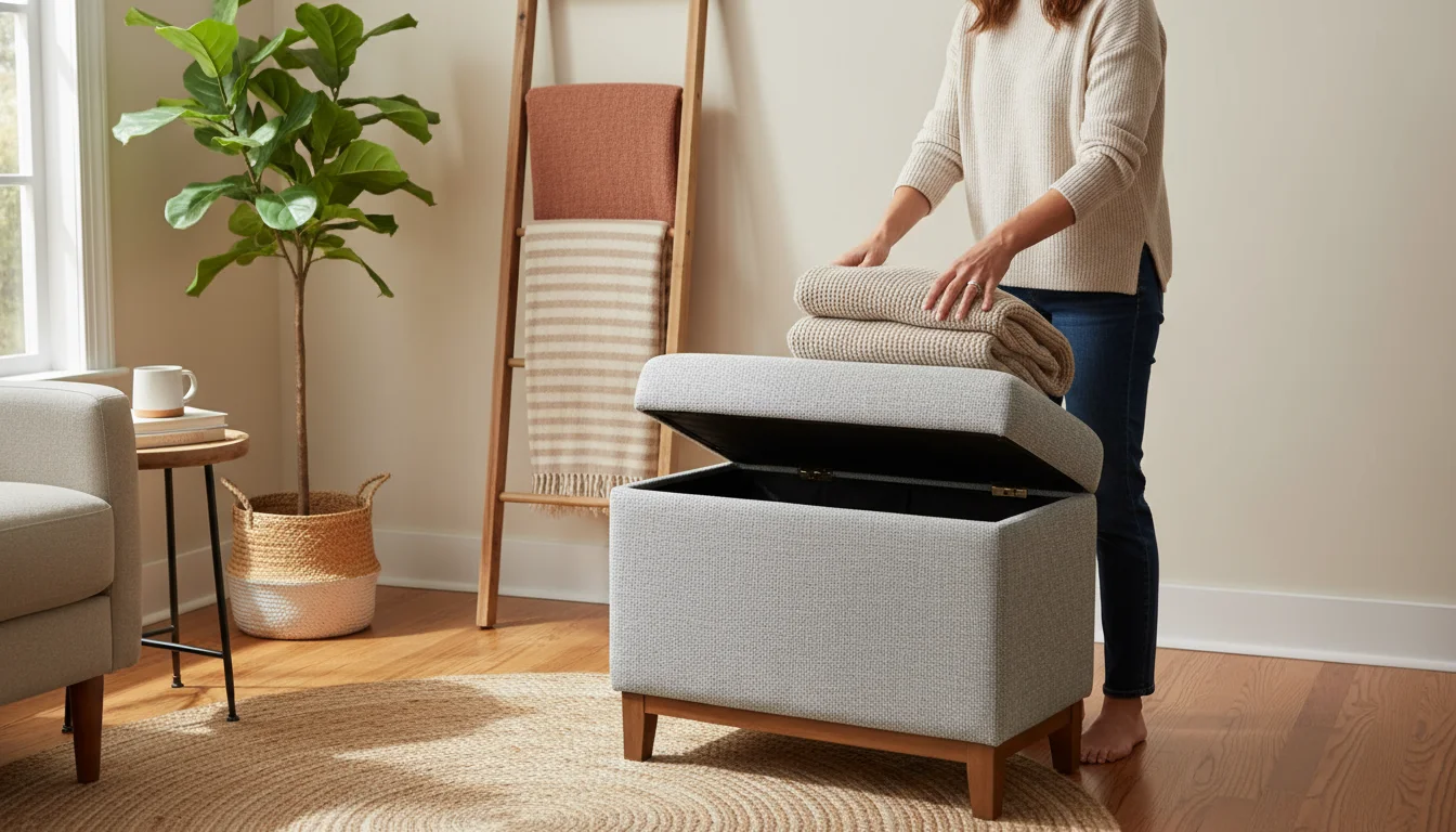 A woman folds a throw blanket near an open storage ottoman and a blanket ladder holding throws in a bright living room.