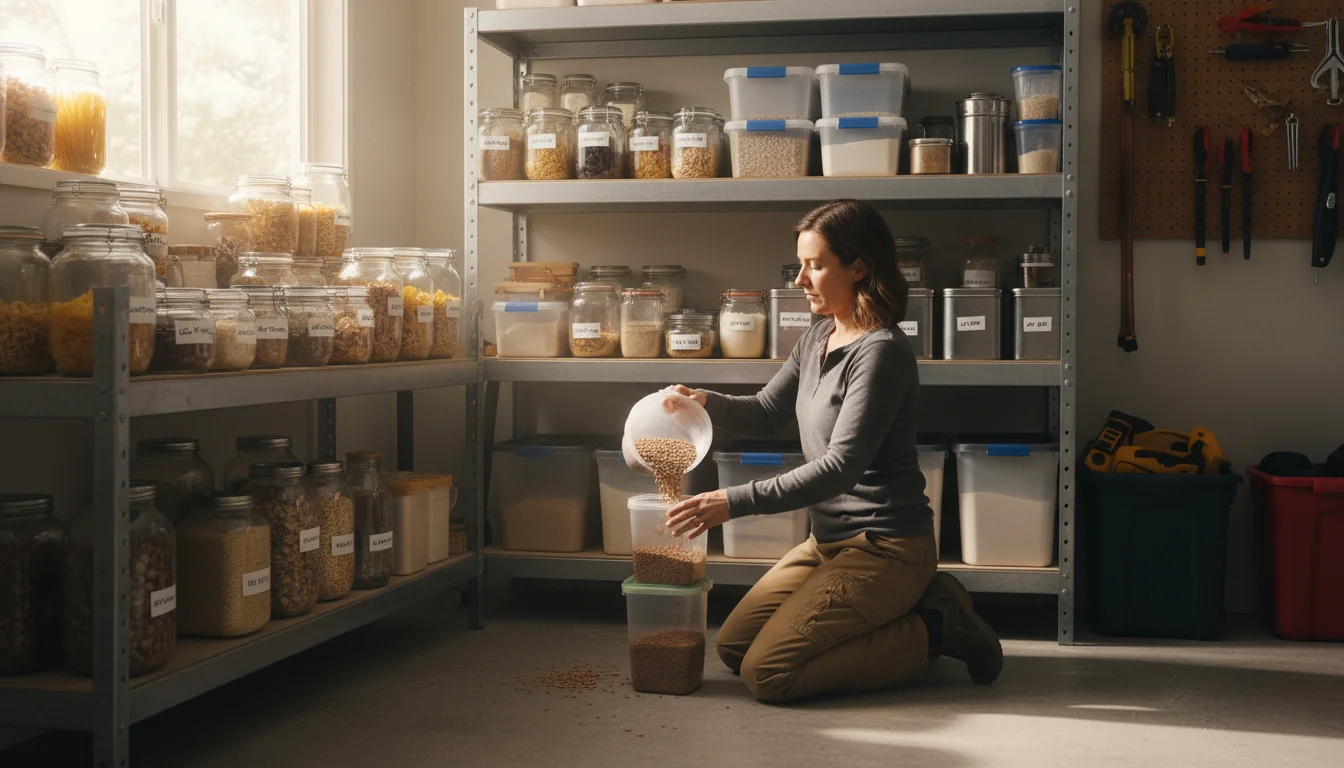 A woman in a garage scoops lentils from a bulk bag into a clear storage container on a utility shelf.