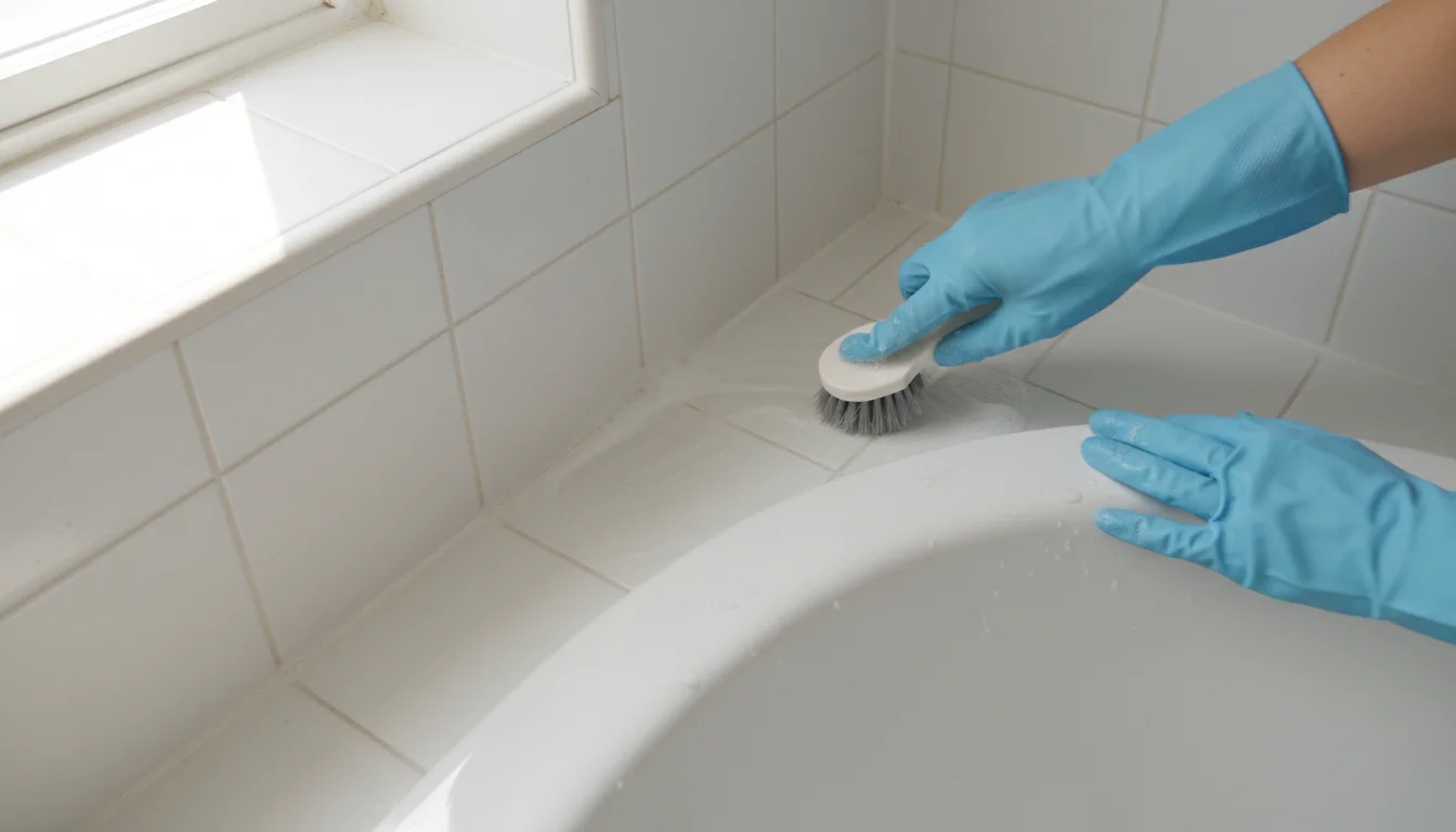 A woman's gloved hands scrub the corner of a white bathroom tub where it meets wall tiles, using a small brush on soap scum. Suds are visible.