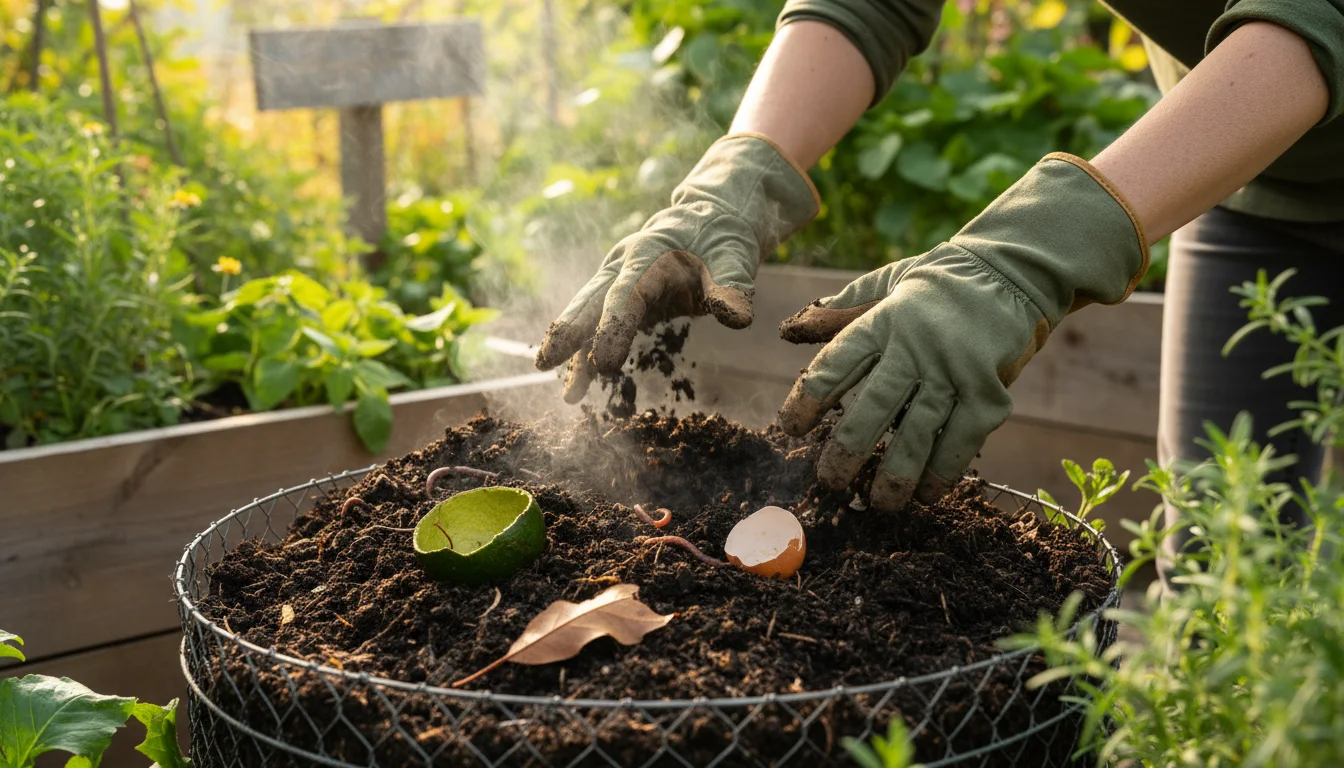 Woman's gloved hands gently separate and sift through dark, earthy compost in an outdoor pile, checking its consistency.