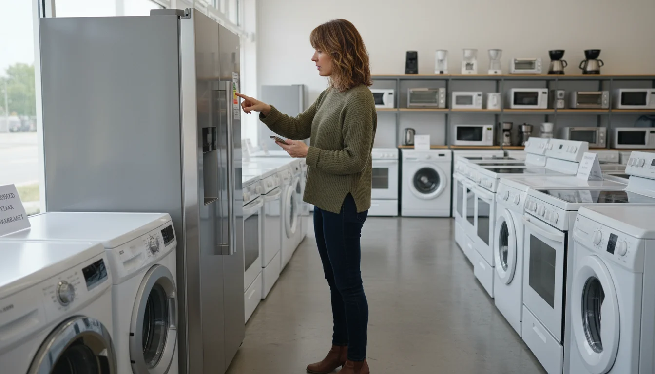 A woman in a green sweater carefully reads an efficiency rating sticker on a refurbished stainless steel refrigerator.
