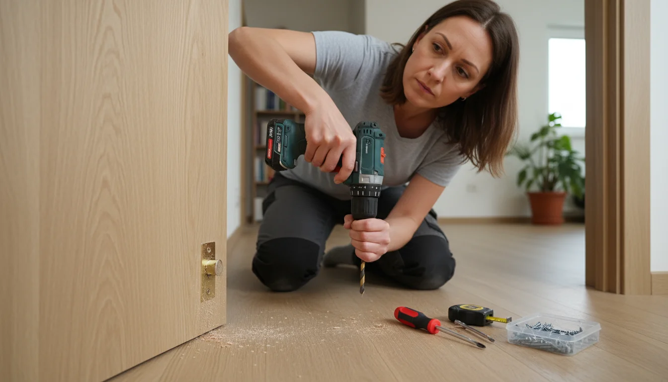 Woman in a grey t-shirt using a power drill to install a brass door strike plate on a light wood door frame, tools on floor.