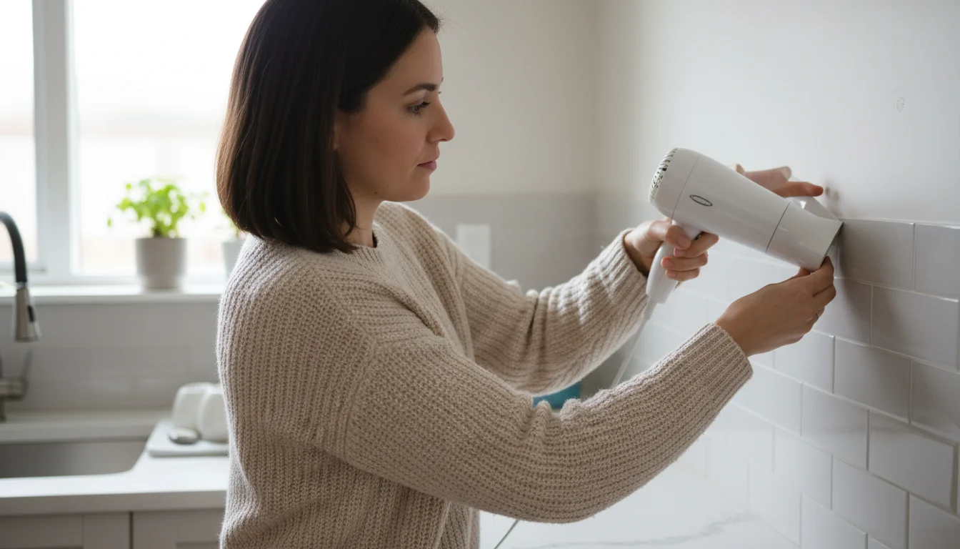 Woman with a hairdryer gently re-adhering a lifting corner of a peel-and-stick tile on a kitchen backsplash.