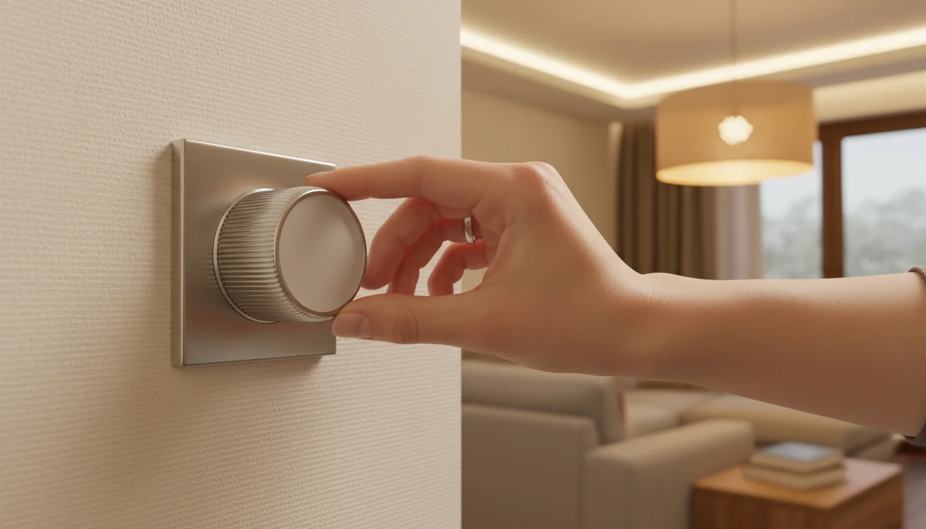 A woman's hand adjusts a modern dimmer switch on a clean wall, with a living room softly lit by warm ambient light in the background.