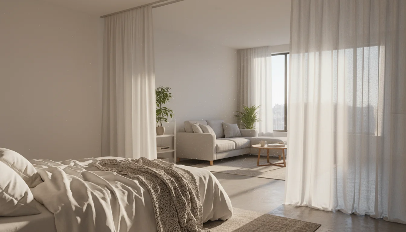 A woman's hand adjusts sheer white linen curtains that subtly divide a sunlit studio apartment bedroom from the living area.