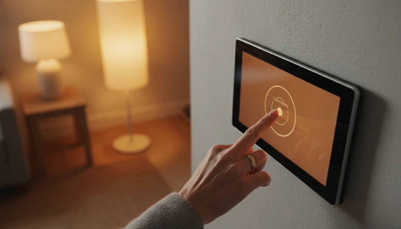 Woman's hand adjusts smart home lighting, activating 'Cozy Evening' scene in a warm, inviting living room with layered lamps.