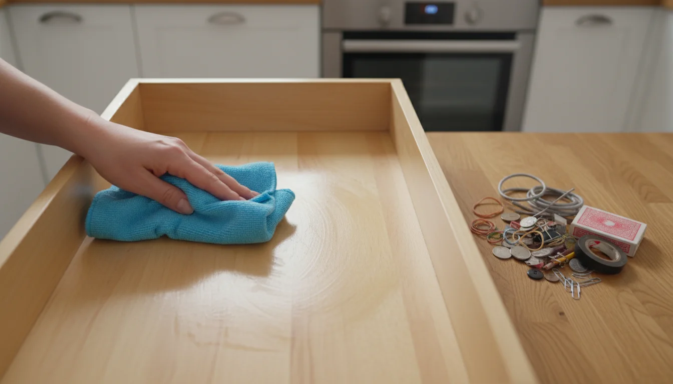 Woman's hand cleaning an empty kitchen drawer with a damp cloth, while a small pile of miscellaneous items sits on the wooden counter beside it.