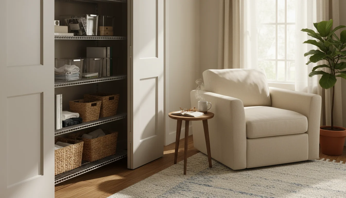 Woman's hand on a custom closet design catalog, contemplating while a practical wire shelf closet is visible in the background.