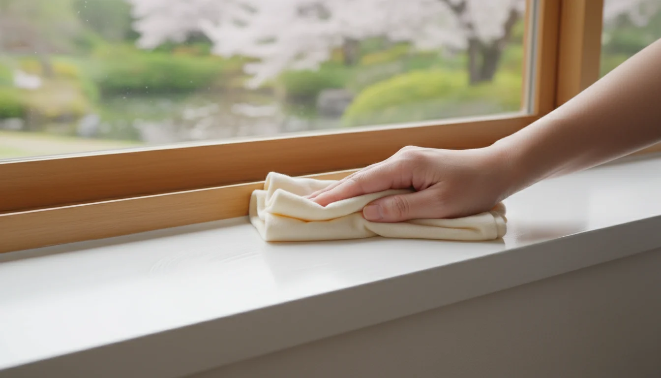 A woman's hand gracefully wipes a clean white window sill with a soft cloth, bathed in diffused natural light.