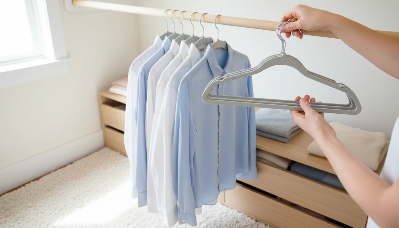 Close-up of a woman's hand holding new slim gray velvet hangers next to old bulky plastic hangers on a closet rod.