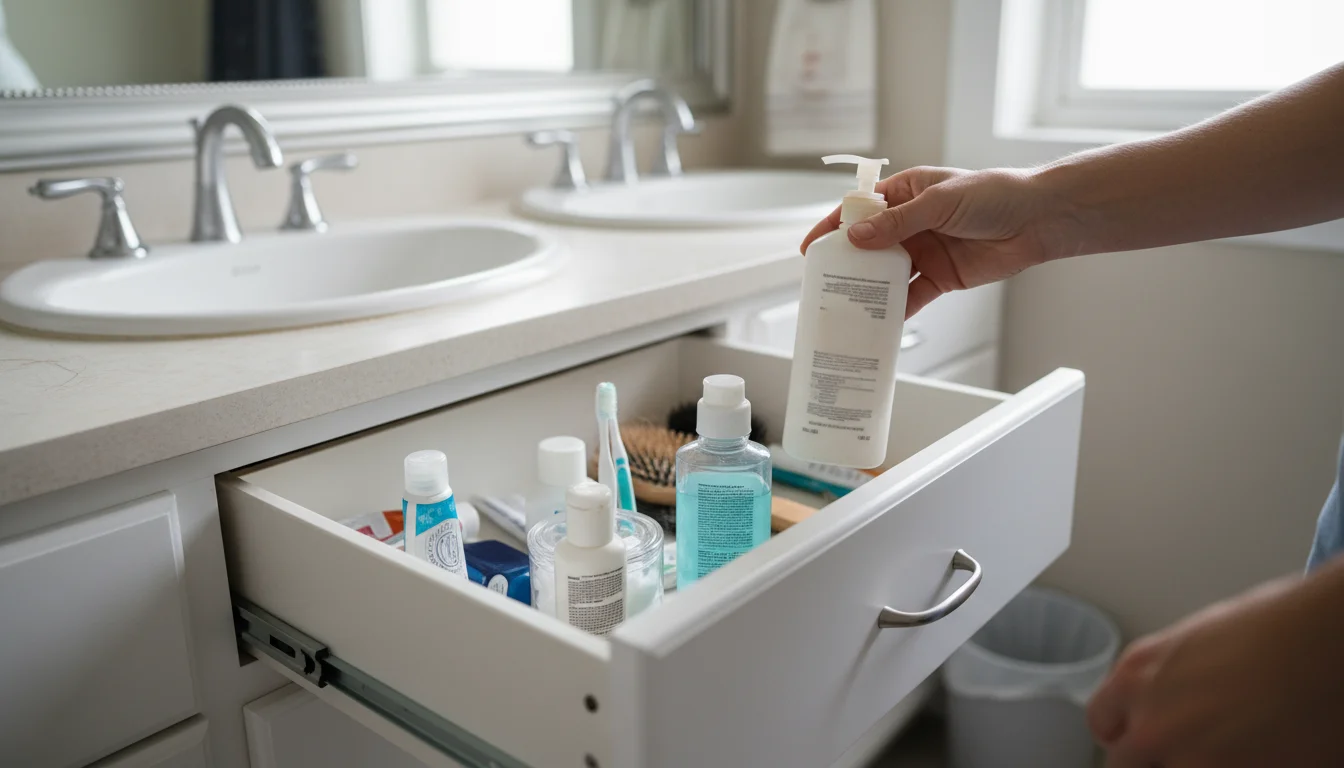 A woman's hand holds a nearly empty lotion bottle over a waste bin, sorting toiletries in a partially open bathroom drawer.