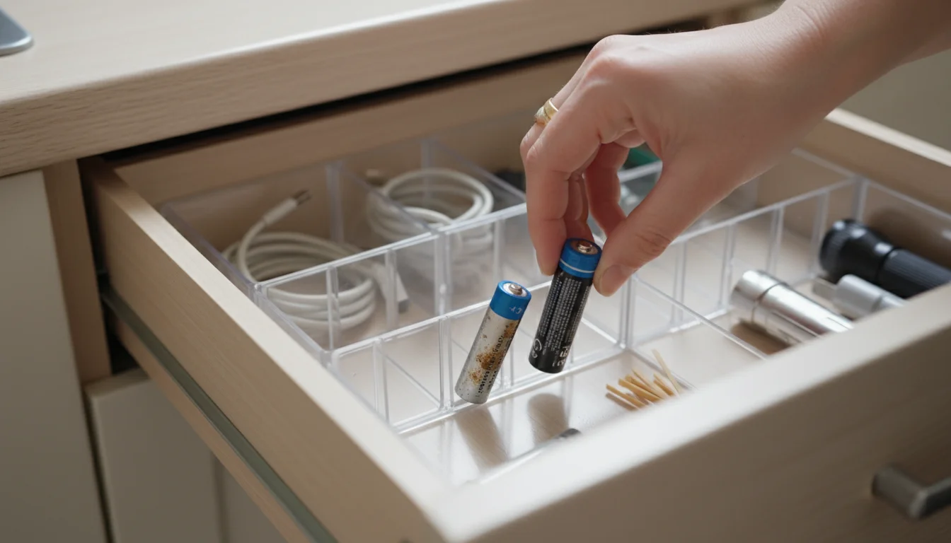 Woman's hand inserts a new battery into an organized kitchen drawer, while an old battery is discreetly removed.