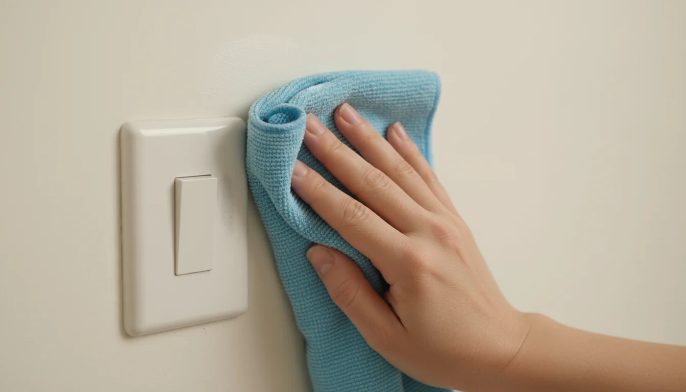 Woman's hand with a light blue microfiber cloth gently wipes a light-colored wall near a white light switch.